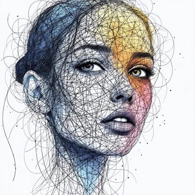 The primary subject of the image is a woman's face, which is the main focus of the image. The setting is a white background, and the visual style is a digital art or illustration. The colors in the image are predominantly blue and yellow, creating a vibrant and lively atmosphere.